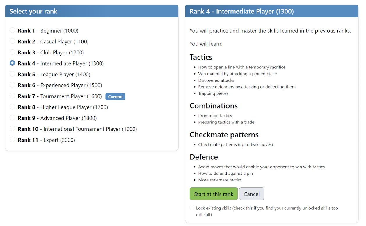 Select your rank screen in Puzzle Academy